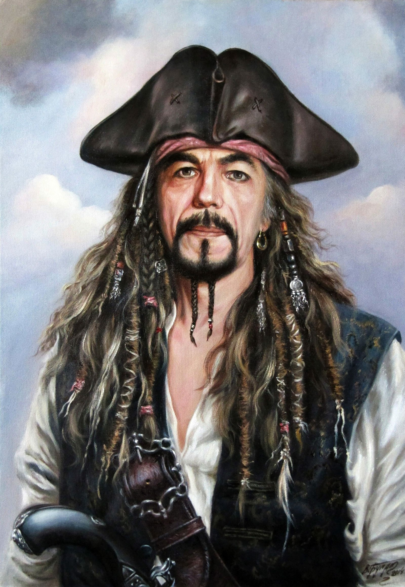 Oil painting Self-portrait as Jack Sparrow Valeriy Bulat: Title: Oil painting Self-portrait as Jack Sparrow Valeriy Bulat Description: 55BUL Painter: Valeriy Bulat Size: 50x35 cm/19.68x13.77 inches Components: oil, canvas Original painting - Series "Where