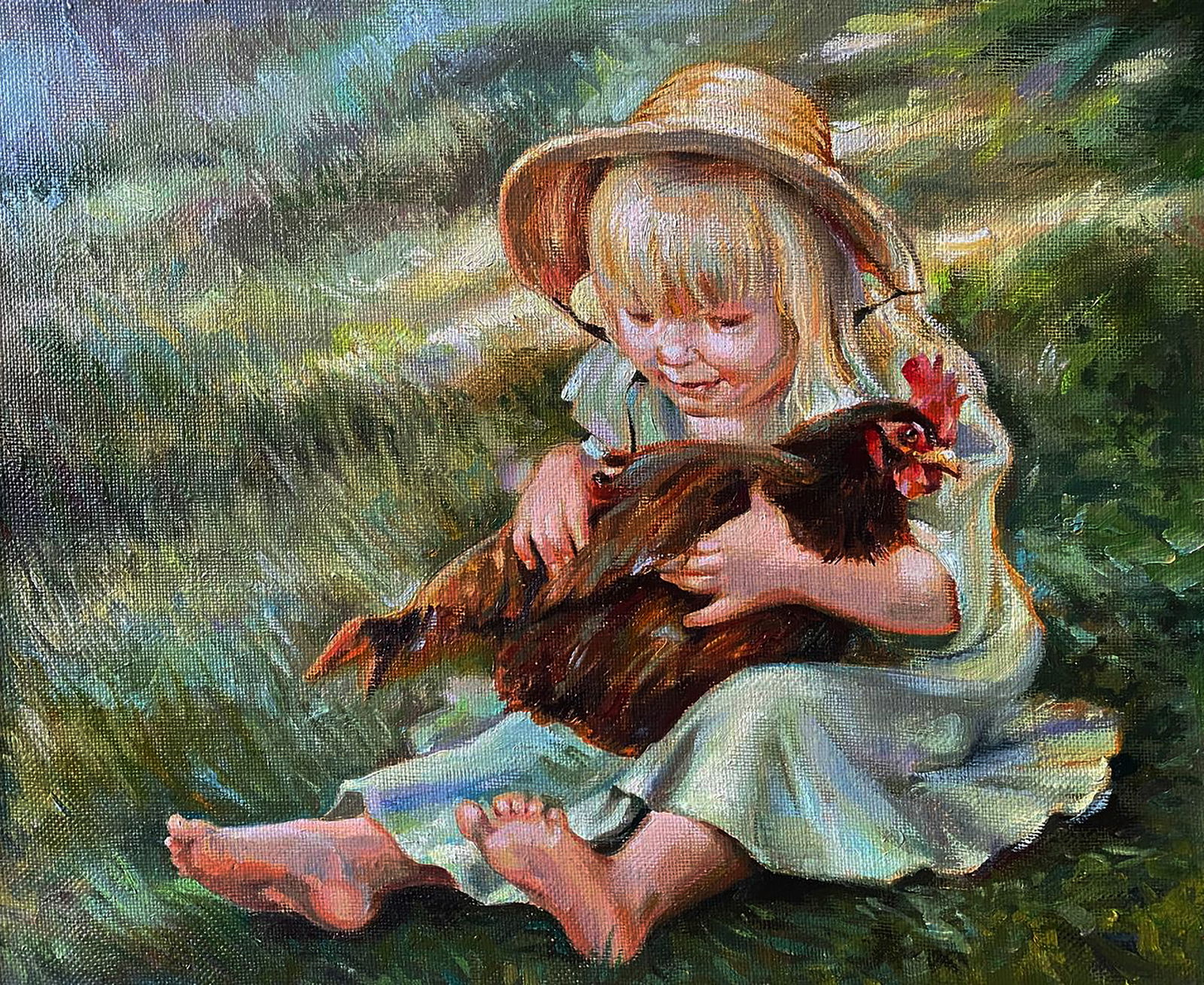 Oil painting Favorite chicken Natalia Bulat: Title: Oil painting Favorite chicken Natalia Bulat Description: 81BUL Painter: Natalia Bulat Size: 37.5x45.5 cm/14.76x17.91 inches Components: oil, canvas on Hardboard Original painting CONDITION: exc
