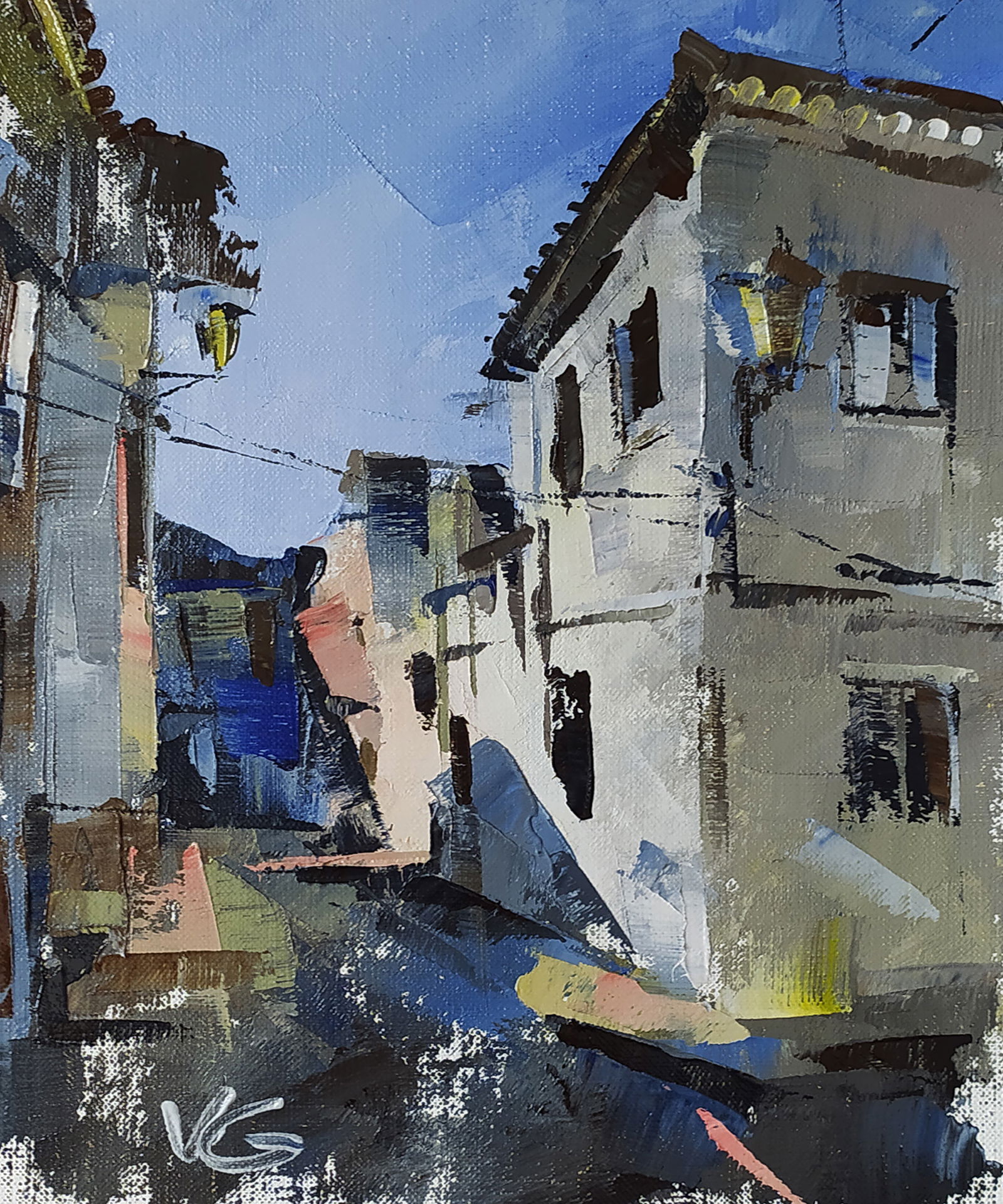 Oil painting City streets Volodymyr Gluhomanyuk: Title: Oil painting City streets Volodymyr Gluhomanyuk Description: 5GLUX Painter: Volodymyr Gluhomanyuk Size: 30x25 cm/11.81x9.84 inches Components: oil, canvas Original painting - series Denia part