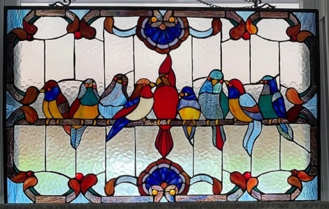 32" Robin Birds Stained Glass Window Hanging Panel Suncatcher: 32" Wide x 20" High.Such a wonderful reproduction stained glass window panel.The technique used to make this window is the same used by Louis Tiffany in the early 1900s. Each piece of glass is wrapped