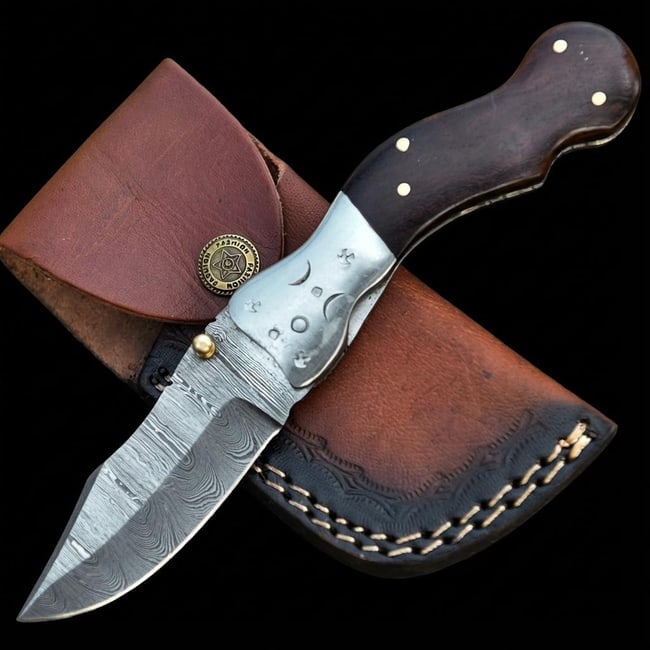 Hand Forged Damascus Steel Folding Pocket Knife with Wood Handle & Sheath EDC: Title:Hand Forged Damascus Steel Folding Pocket Knife with Wood Handle & Sheath EDCDescription:This is a hand-forged folding pocket knife featuring a distinctive Damascus steel blade with a twist patt