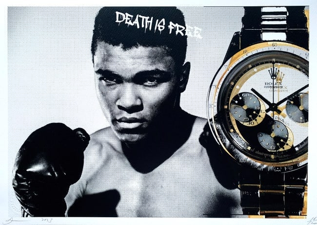 Death NYC Muhammad Ali Rolex: Title:Death NYC Muhammad Ali RolexDate/Period:21st CenturyMaterials:Giclee on Fine art 300 gsm paperSize:17 3/4 x 12 1/2 inchesDescription:Artist: Death NYC, limited edition giclee on paper, out of ed