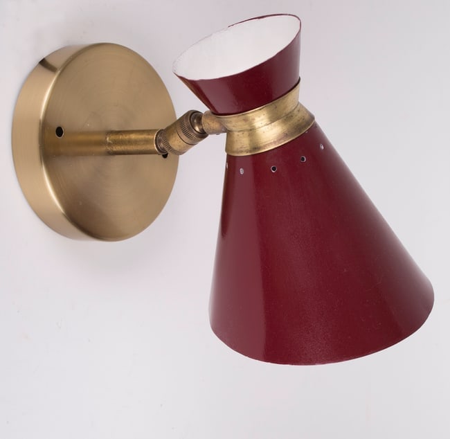 Double cone " diabolo " swing arm wall light by Mathieu for Lunel: Title: Double cone " diabolo " swing arm wall light by Mathieu for LunelDescription: Double cone " diabolo " swing arm wall light by Mathieu for Lunel, France 1950, original dark red ( grenat ) colore