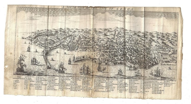 1767 Folding View of the Port of Genoa: Title: 1767 Folding View of the Port of GenoaDescription: Folding plan being ?A South view of the city of Genoa? nice detail with numbered key at bottom printed at London 1767. Very Good measures 15 x