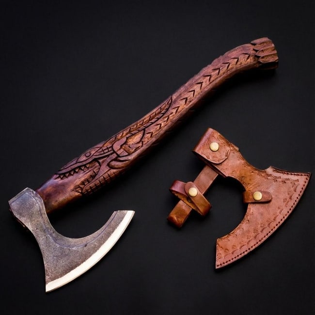 Handmade Carbon Steel Viking Axe Throwing Hatchet with Engraved Ash Wood Handle: Title:Handmade Carbon Steel Viking Axe Throwing Hatchet with Engraved Ash Wood HandleDescription:This custom handmade Viking-style bearded axe is forged from high-quality carbon steel. It features a d