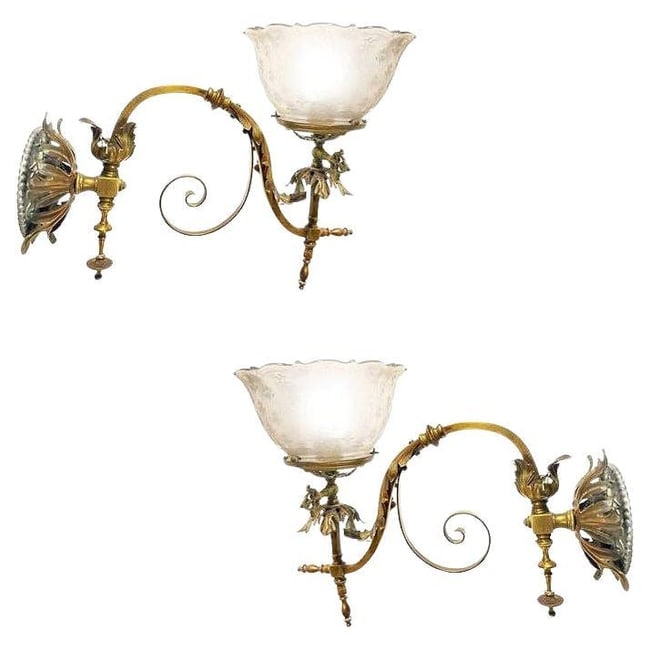 Electrified Late Victorian Baroque Casted Brass Gas Sconces w/ Shade, Pair: Title: Electrified Late Victorian Baroque Casted Brass Gas Sconces w/ Shade, PairDescription: Rare pair of antique Brass Baroque/Neoclassical dual gas sconces, showcasing intricate craftsmanship with