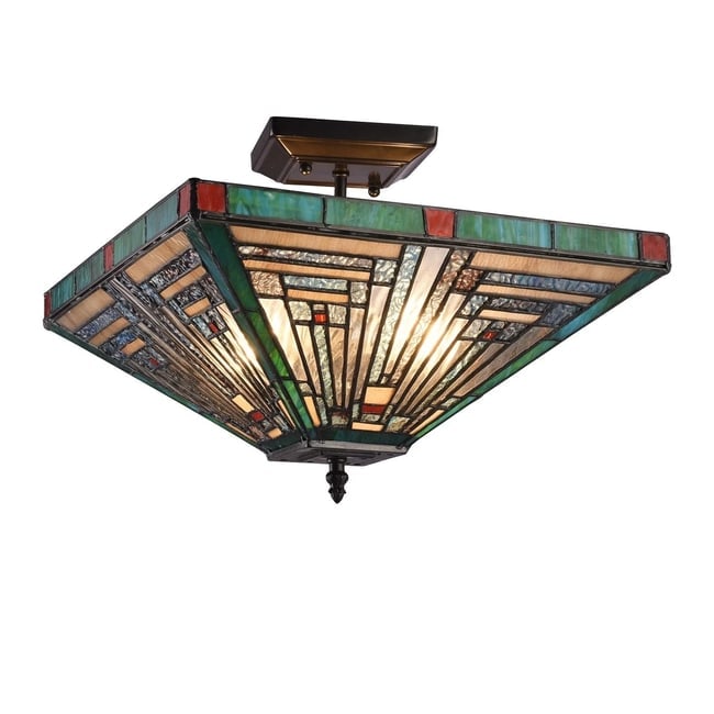 14" Mission Stained Glass Semi Flush Ceiling Uplight: Description(2) 60watt max14"x 14"x 11.2 height"Wonderful reproduction mission style stained glass ceiling light! Made of all glass and metal. Certain to add a flash of style to any room.Reserve: $160.