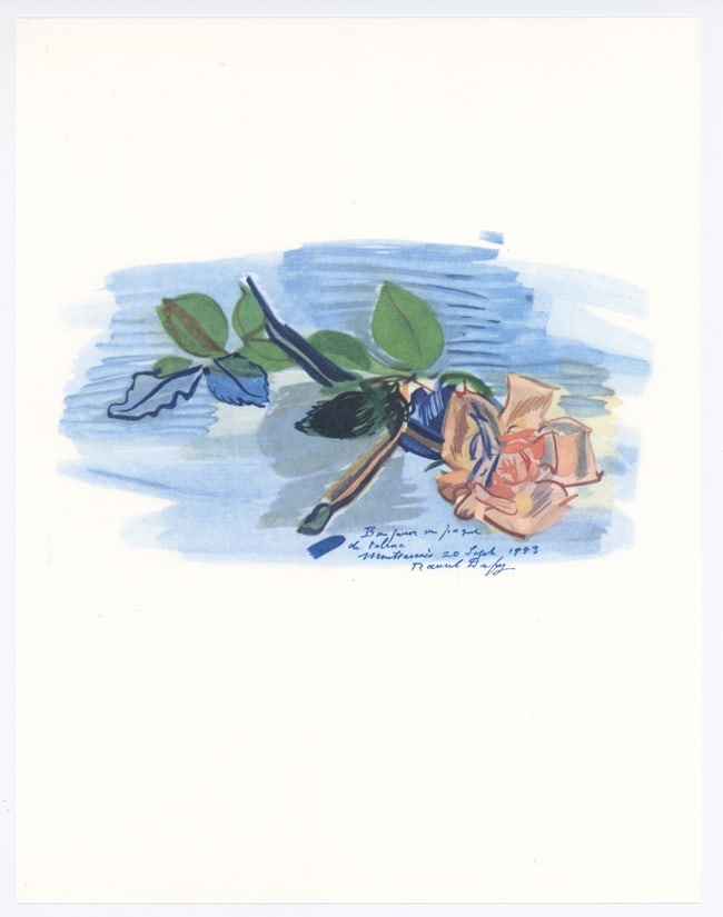 Raoul Dufy "Les roses coupees" from Vacances Forcees: DescriptionTitle: Raoul Dufy "Les roses coupees" from Vacances ForceesDescription: Medium: offset lithograph (after the watercolor). Printed in 1970 on velin bouffant paper from the Papeteries Castelj