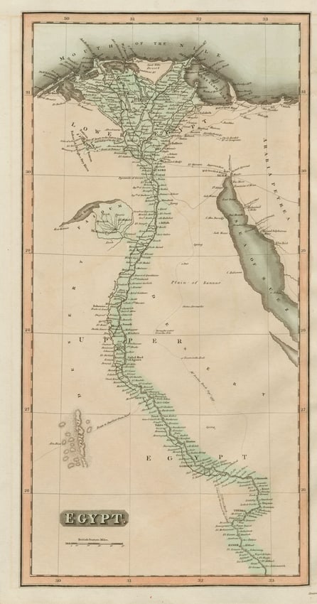 Egypt. Nile Valley. Eyles Irwin's route from India. THOMSON 1817 old map: Title: "Egypt". Nile Valley. Eyles Irwin's route from India. THOMSON 1817 old mapDescription: Egypt'. The map is noteworthy for showing the return route of Eyles Irwin, an Irish poet and civil servant
