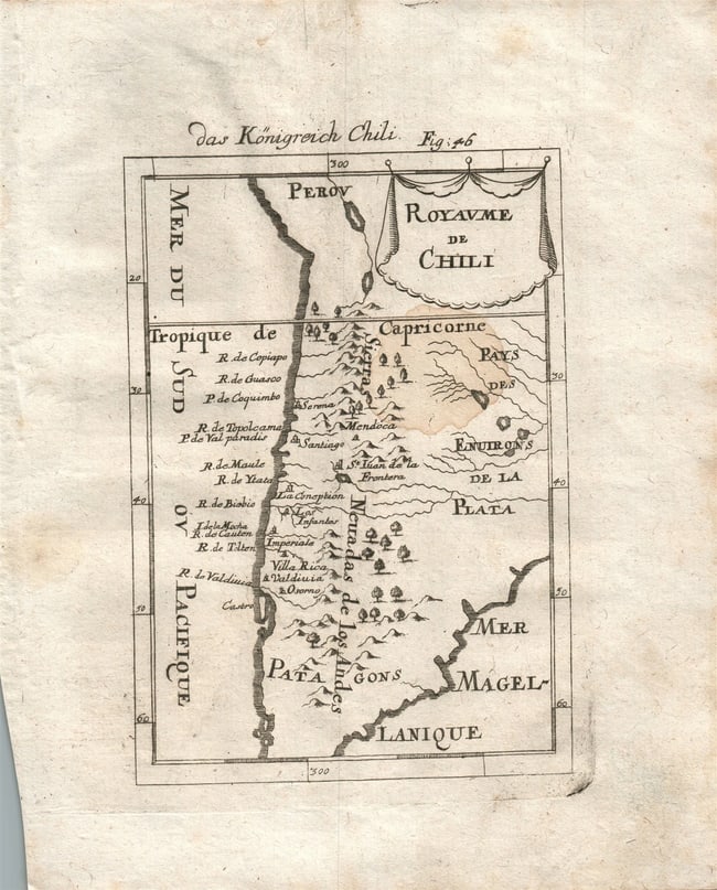1719 MAP OF CHILE plate 46 from Beschreibung Des gantzen Welt-Kreises: DescriptionTitle: 1719 MAP OF CHILE plate 46 from Beschreibung Des gantzen Welt-KreisesDescription: Plate 46 "MAP of CHILE " -engraving from German edition of "Description of entire world"Beschreibung