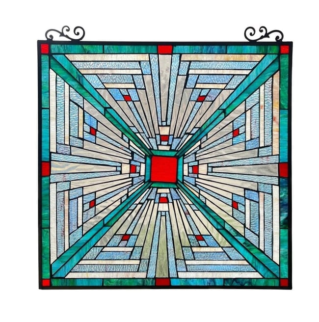 26" Mission Stained Glass Hanging Window Panel: DescriptionTitle:26" Mission Stained Glass Hanging Window PanelDescription:25.98" High x 24.61" WideSuch a wonderful reproduction mission design window panelMade from individually hand-cut pieces of a
