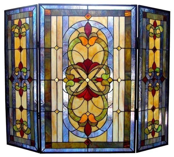 40" Folding Stained Glass Fireplace Screen: DescriptionTitle:40" Folding Stained Glass Fireplace ScreenDescription:40" Wide x 31" TallA stunning reproduction stained glass fireplace panel meticulously handcrafted from pieces of hand cut stained