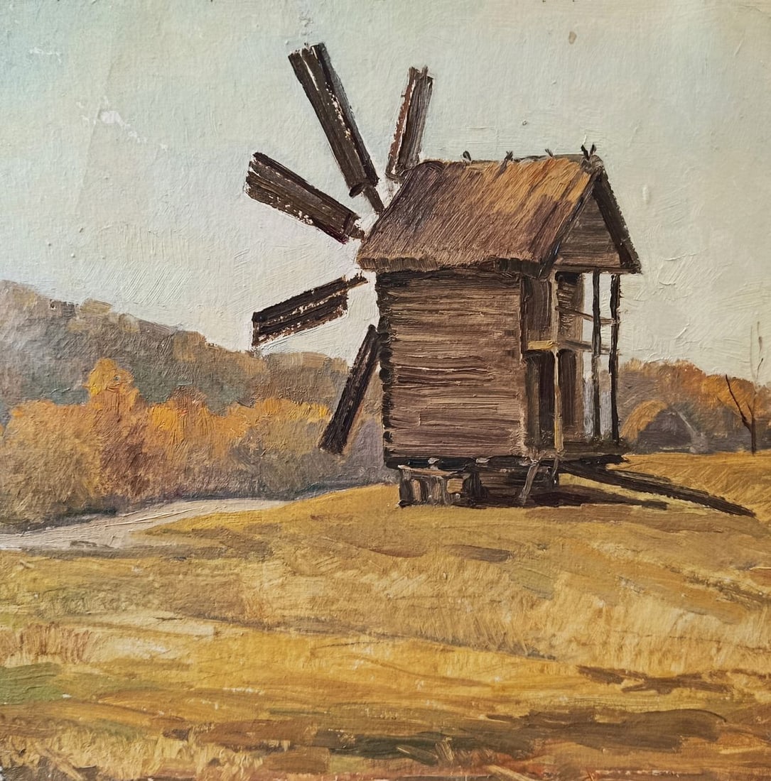 Oil painting A mill in an autumn field Unknown artist (1 of 10)