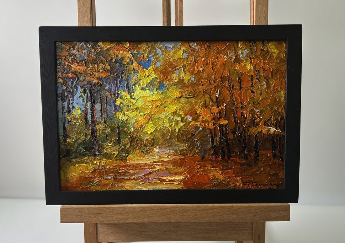 Oil painting Golden autumn forest Boris Serdyuk: Title: Oil painting Golden autumn forest Boris Serdyuk Description: No.AAA5736The Oil painting Cardboard titled "Golden autumn forest" is a radiant celebration of autumn, where the world seems to glow