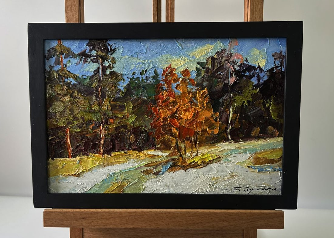 Oil painting The first snow fell Boris Serdyuk: Title: Oil painting The first snow fell Boris Serdyuk Description: No.AAA5745The Oil painting Cardboard titled "The first snow fell" captures the breathtaking transition between autumn and winter, whe