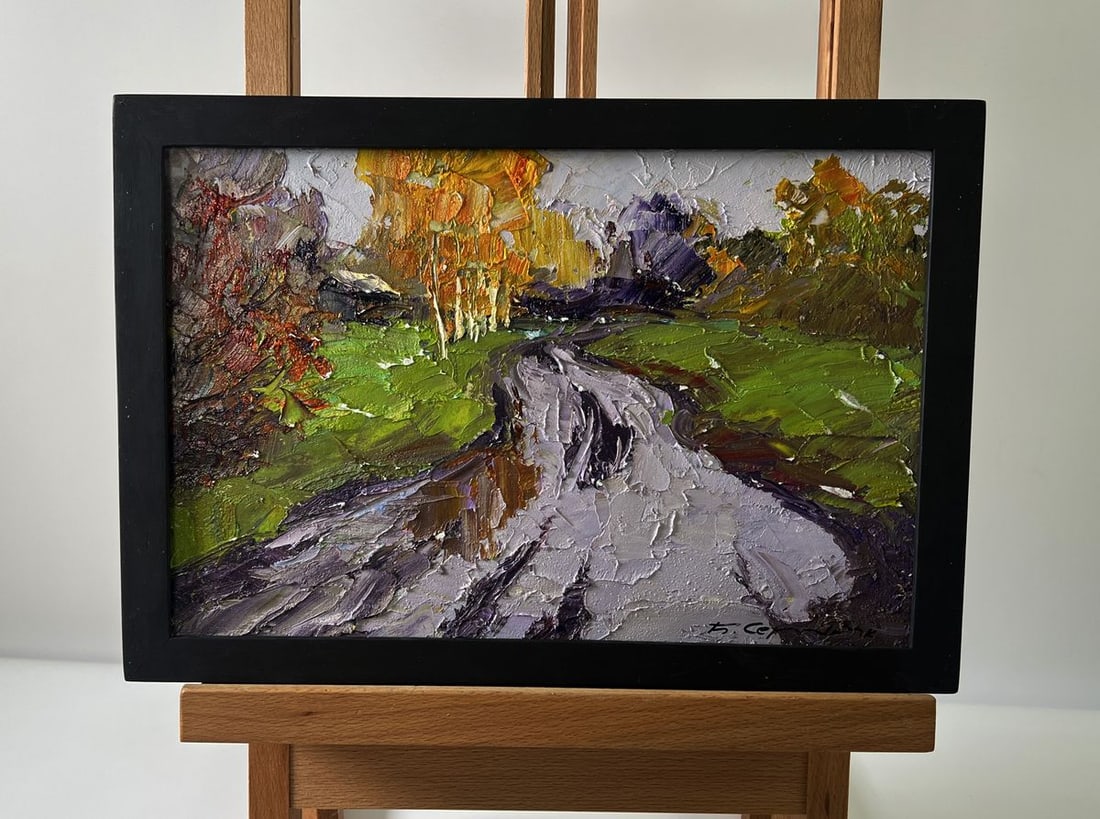 Oil painting Rainy day road Boris Serdyuk: Title: Oil painting Rainy day road Boris Serdyuk Description: No.AAA5749The Oil painting Cardboard titled "Rainy day road" captures the essence of a countryside path after a heavy rainfall, evoking a