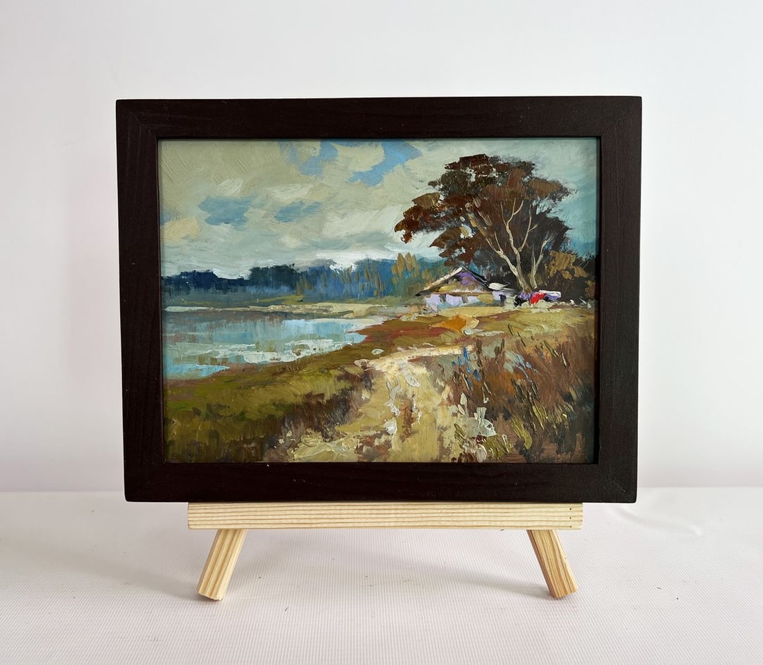 Oil painting House in the autumn forest Yuriy Suprunchuk: Title: Oil painting House in the autumn forest Yuriy Suprunchuk Description: No.AAA4427The painting "House in the Autumn Forest" is a captivating depiction of solitude and harmony with nature, set in