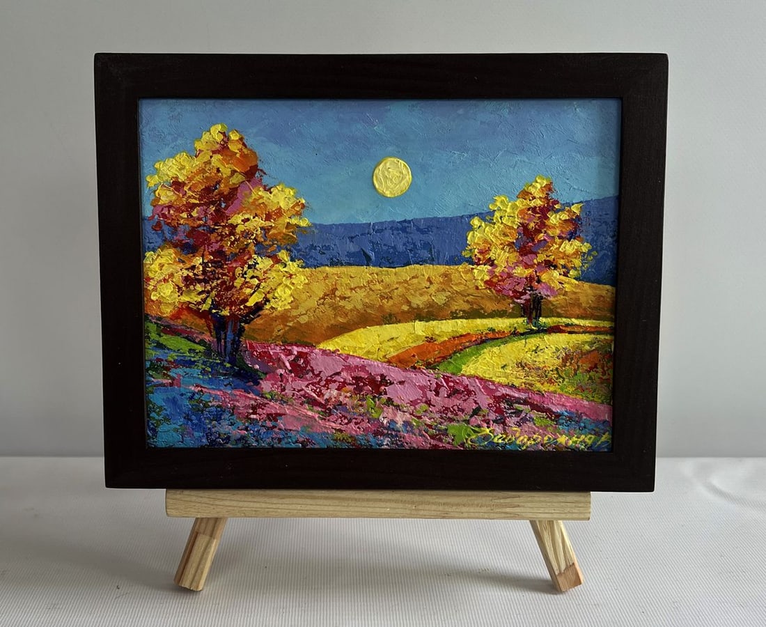 Oil painting Two trees in a field V. Zadorozhnya: Title: Oil painting Two trees in a field V. Zadorozhnya Description: No.AAA4542The painting "Two Trees in a Field" is a strikingly vibrant oil painting on cardboard that captures the essence of