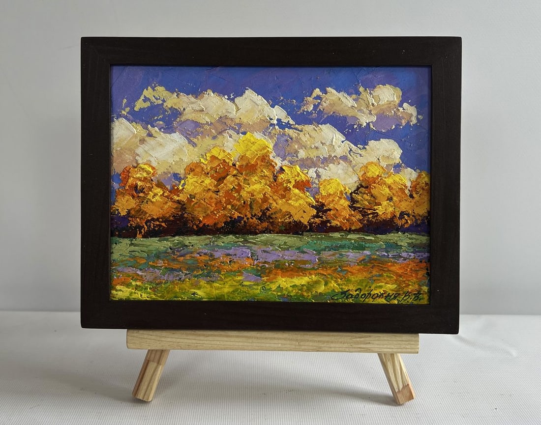 Oil painting Sunset colors of autumn nature V. Zadorozhnya: Title: Oil painting Sunset colors of autumn nature V. Zadorozhnya Description: No.AAA4620The oil painting on cardboard titled "Sunset Colors of Autumn Nature" is a vibrant and expressive depiction of