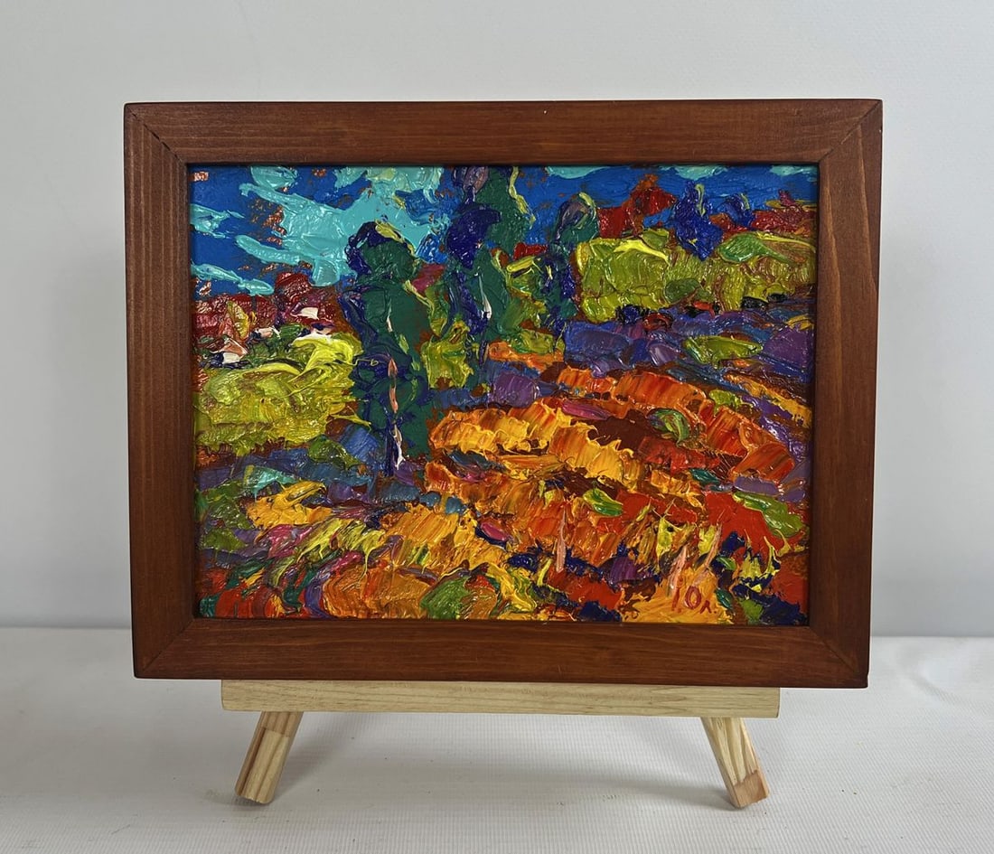 Oil painting In the autumn meadows Alex Kalenyuk: Title: Oil painting In the autumn meadows Alex Kalenyuk Description: No.AAA4696The oil painting on cardboard titled "In the Autumn Meadows" is a vivid and dynamic representation of nature’s transfor