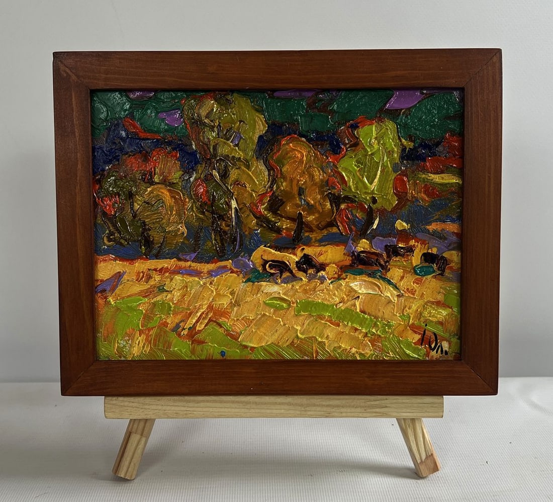 Oil painting In the autumn forest Alex Kalenyuk: Title: Oil painting In the autumn forest Alex Kalenyuk Description: No.AAA4721The oil painting on cardboard titled "In the Autumn Forest" captures the rich and dynamic beauty of a fall landscape, wher