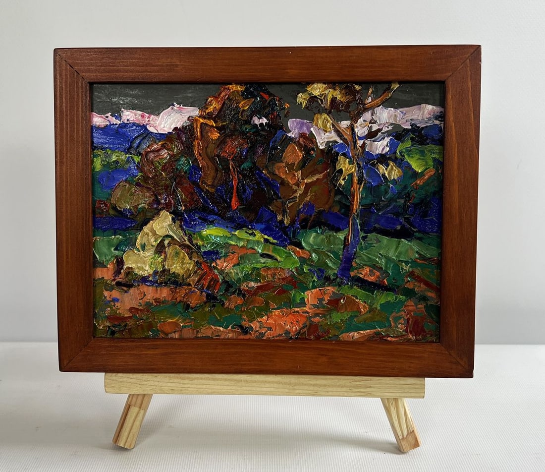 Oil painting Outside the village Alex Kalenyuk: Title: Oil painting Outside the village Alex Kalenyuk Description: No.AAA4733The oil painting on cardboard titled "Outside the Village" captures the raw beauty of nature beyond the rural landscape, wh