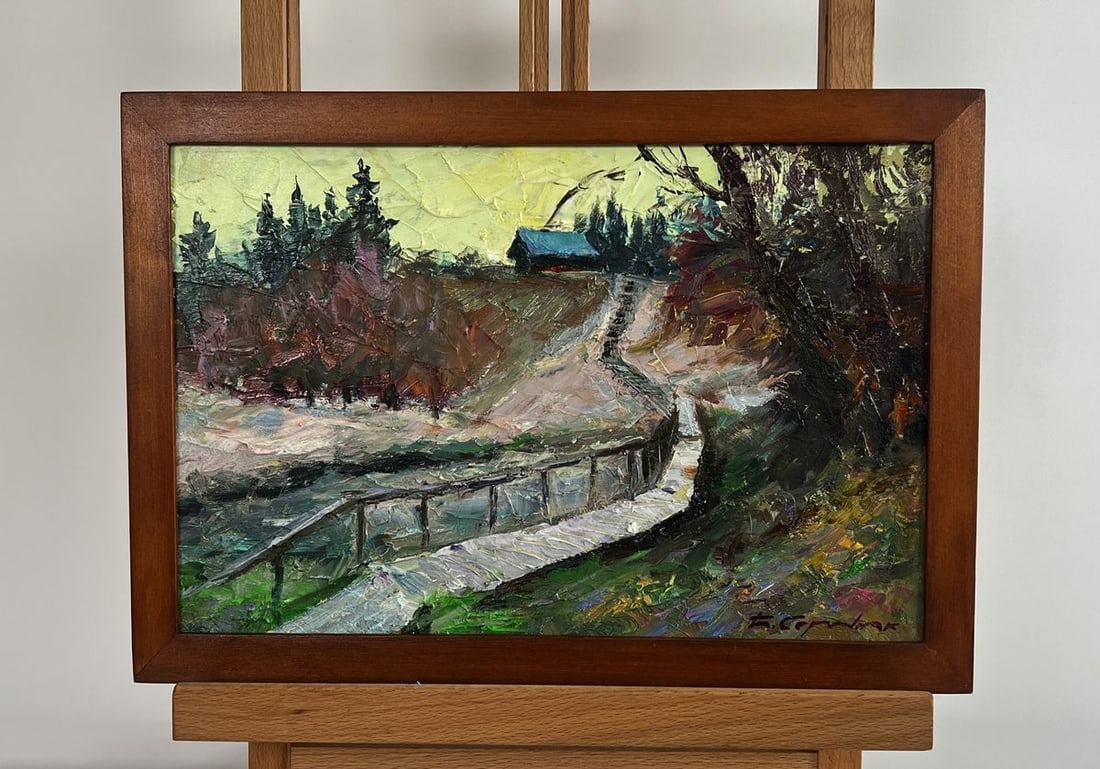 Oil painting Village Bridge Boris Serdyuk: Title: Oil painting Village Bridge Boris Serdyuk Description: No.AAA4758The oil painting on cardboard titled "Village Bridge" captures a tranquil rural scene where a rustic wooden bridge winds its