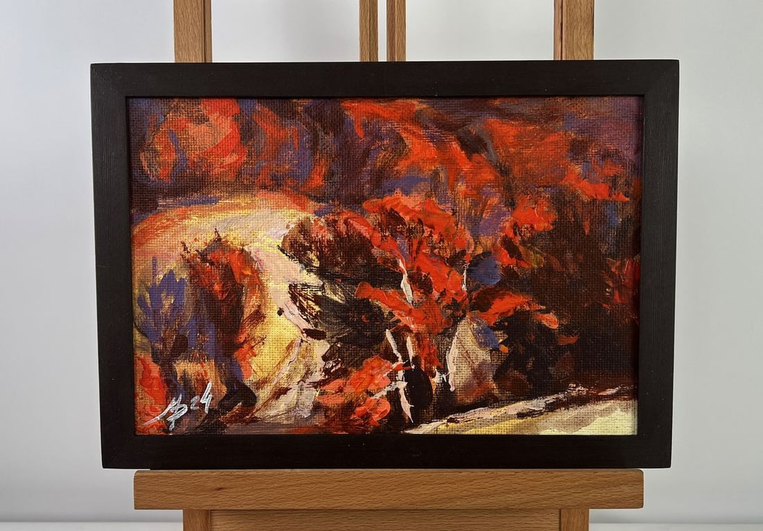 Acrylic painting In the red autumn forest Mykhailo Patskan: Title: Acrylic painting In the red autumn forest Mykhailo Patskan Description: No.AAA4898The acrylic painting on cardboard titled "In the Red Autumn Forest" immerses the viewer into a fiery woodland s