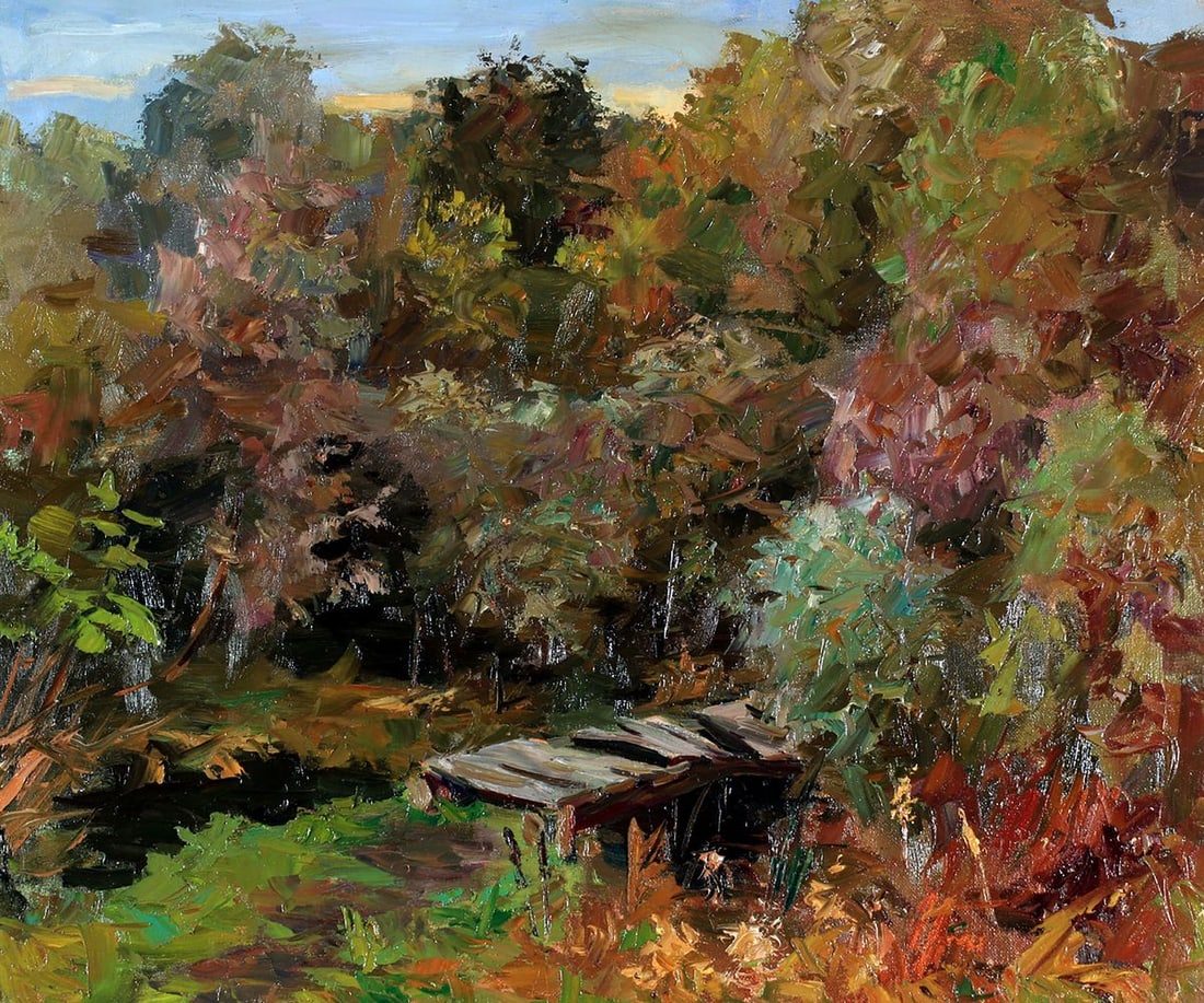 Oil painting Masonry Boris Serdyuk: Title: Oil painting Masonry Boris Serdyuk Description: No.SERB 1132The painting titled "Masonry" presents a tranquil and rustic scene in the heart of nature, depicting an overgrown forest area with