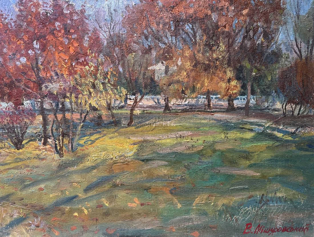 Oil painting Autumn in the park V. Mishurovsky: Title: Oil painting Autumn in the park V. Mishurovsky Description: No.251"Autumn in the Park" by Viktor Myshurovsky beautifully captures the rich, warm hues of the fall season. The painting illustrate