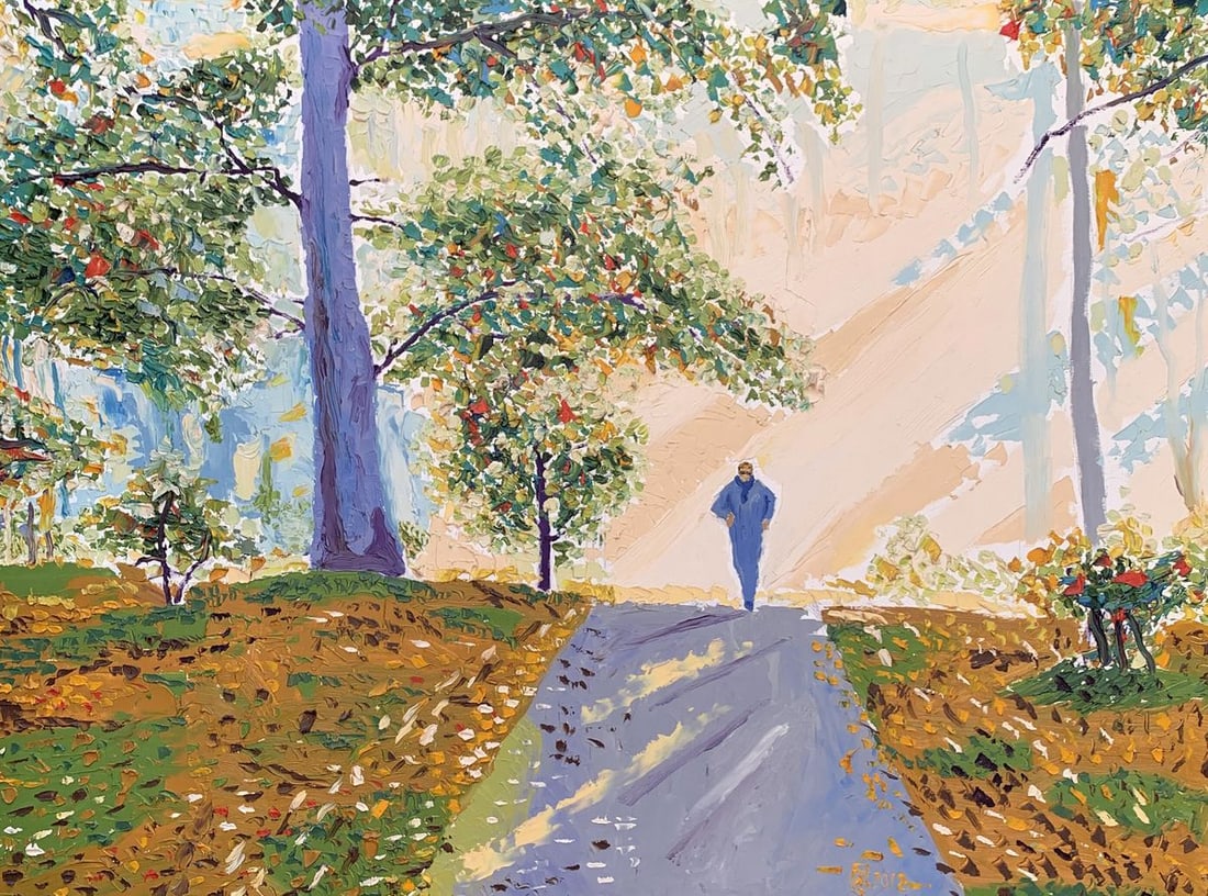 Oil painting Jogging through the autumn park Oleksandr Gukalov: Title: Oil painting Jogging through the autumn park Oleksandr Gukalov Description: No.AAA3250The painting "Jogging through the Autumn Park" is a vibrant and dynamic oil on canvas piece that captures