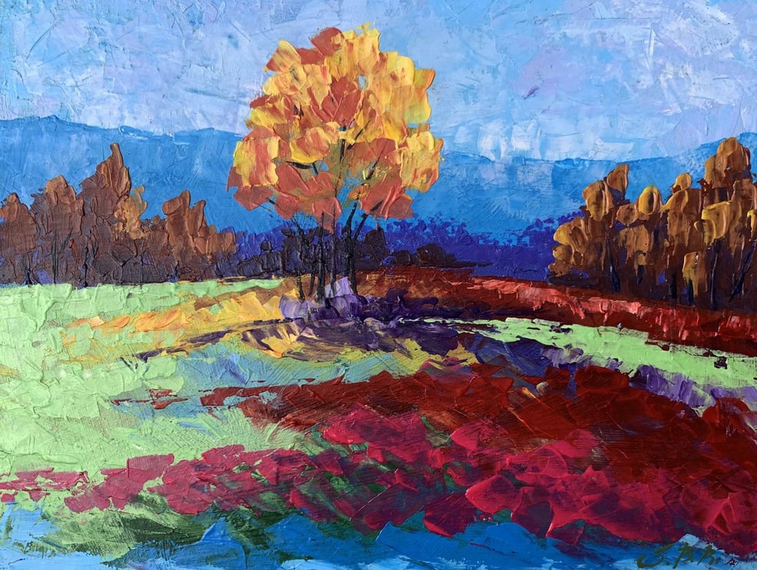 Oil painting Autumn lonely tree V. Zadorozhnya: Title: Oil painting Autumn lonely tree V. Zadorozhnya Description: No.AAA3326"Autumn Lonely Tree" is a vibrant and textured oil painting that captures the essence of autumn with its bold and rich colo