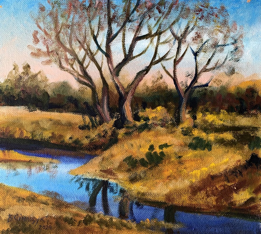 Oil painting Deep autumn Valentina Simashchuk: Title: Oil painting Deep autumn Valentina Simashchuk Description: No.AAA3571The painting titled "Deep Autumn", created in oil on cardboard, captures the rich, serene beauty of a late autumn day. The