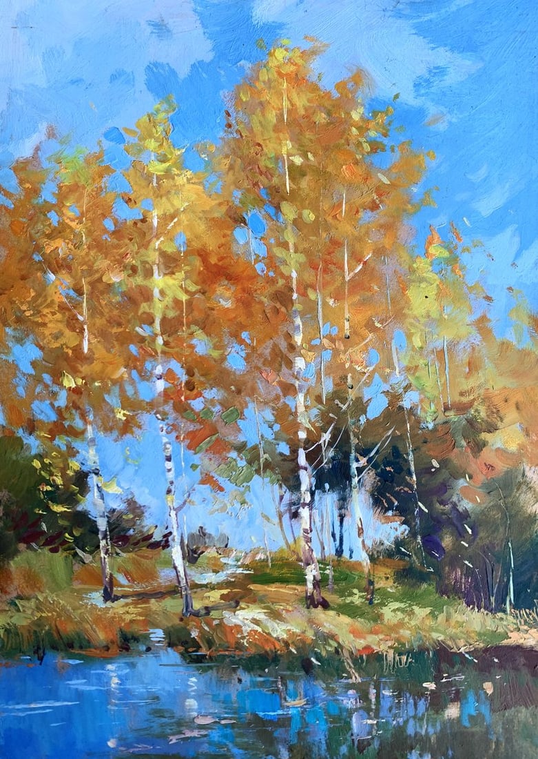 Oil painting Orange forest Yuriy Suprunchuk: Title: Oil painting Orange forest Yuriy Suprunchuk Description: No.AAA3604The painting titled "Orange Forest" captures the vibrant essence of autumn as it adorns a serene grove of birch trees with a s