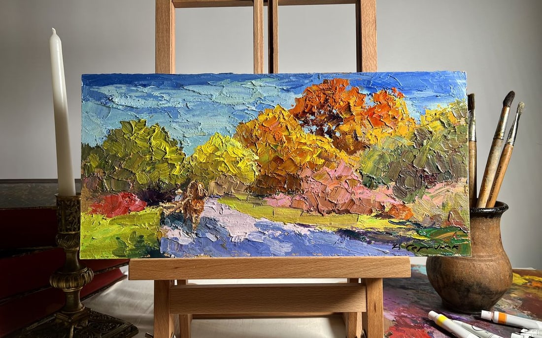 Oil painting Golden autumn Boris Serdyuk: Title: Oil painting Golden autumn Boris Serdyuk Description: No.AAA3677"Golden Autumn" is a vibrant oil painting on cardboard that captures the essence of the fall season in all its brilliance. The ar