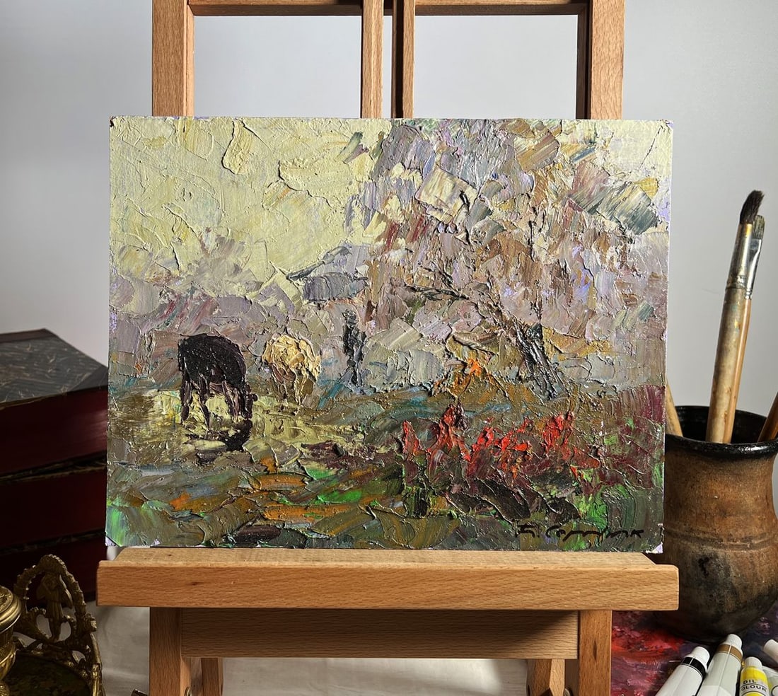 Oil painting Autumn morning fog Boris Serdyuk: Title: Oil painting Autumn morning fog Boris Serdyuk Description: No.AAA3692"Autumn Morning Fog" is a textured oil painting on cardboard that masterfully captures the essence of a misty autumn morning