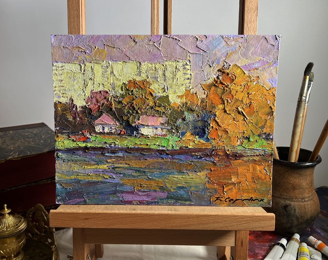 Oil painting Overlooking the city Boris Serdyuk: Title: Oil painting Overlooking the city Boris Serdyuk Description: No.AAA3694"Overlooking the City" is a textured oil painting on cardboard that beautifully captures the contrast between nature and