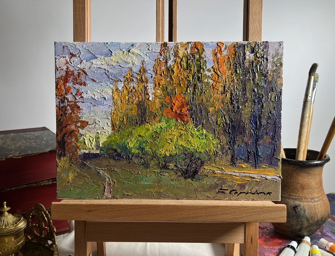 Oil painting Autumn city park Boris Serdyuk: Title: Oil painting Autumn city park Boris Serdyuk Description: No.AAA3699"Autumn City Park" is an expressive oil painting on cardboard that beautifully captures the charm of a park transitioning into