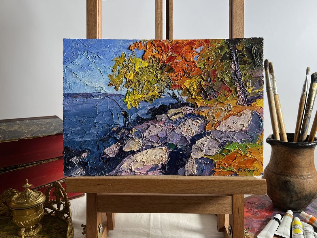 Oil painting Autumn fishing Boris Serdyuk: Title: Oil painting Autumn fishing Boris Serdyuk Description: No.AAA3707The painting "Autumn Fishing" is a vibrant and textured depiction of a tranquil moment by a rocky lakeshore during the golden
