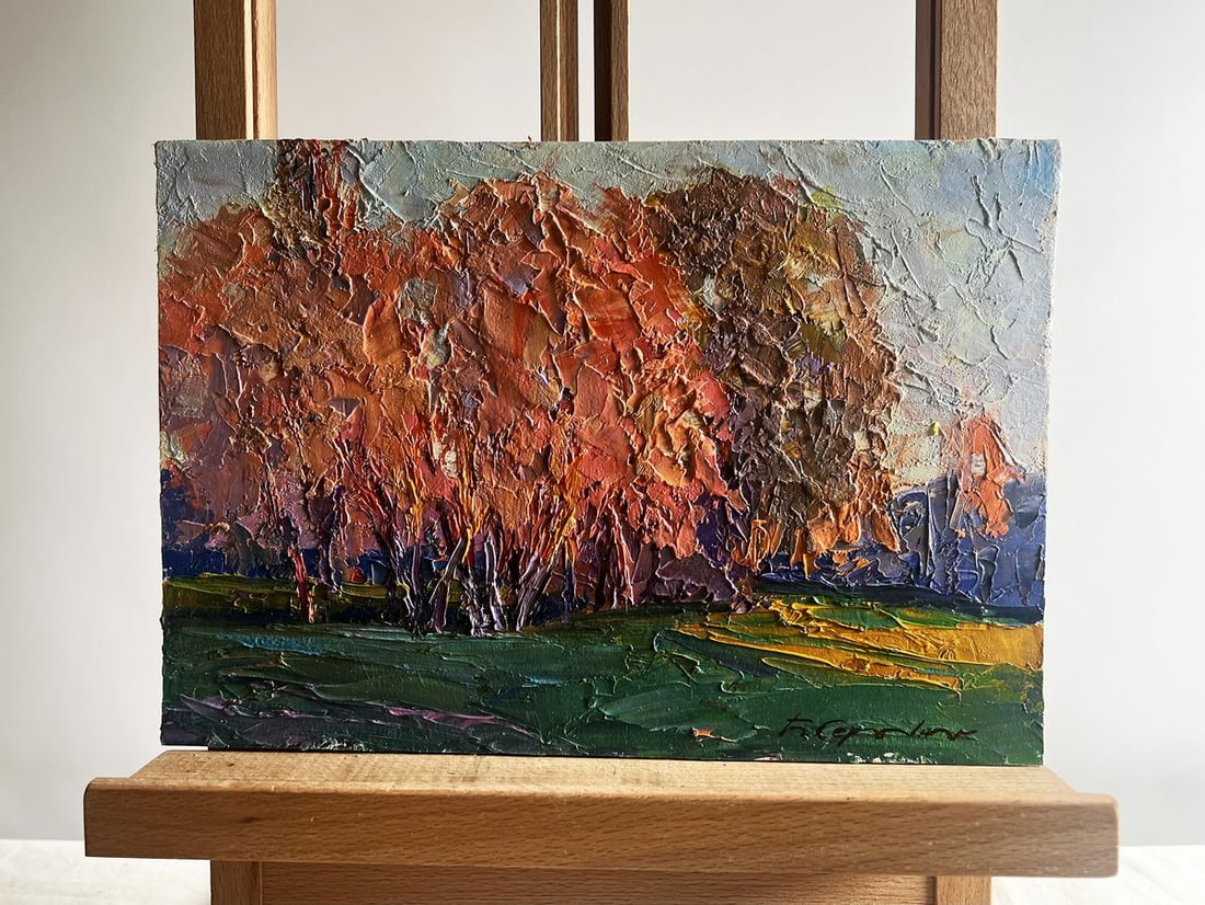 Oil painting Autumn evening in the forest Boris Serdyuk: Title: Oil painting Autumn evening in the forest Boris Serdyuk Description: No.AAA3725The oil painting on cardboard, titled "Autumn Evening in the Forest", immerses the viewer in the warm, golden embr