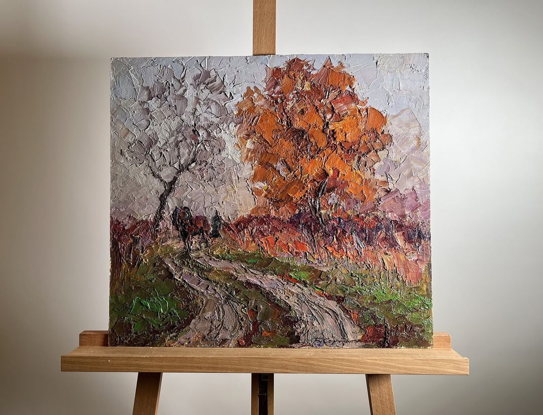 Oil painting A horse is walking along the path Boris Serdyuk: Title: Oil painting A horse is walking along the path Boris Serdyuk Description: No.AAA3745The oil painting on cardboard, titled "A Horse is Walking Along the Path", captures the essence of an autumn