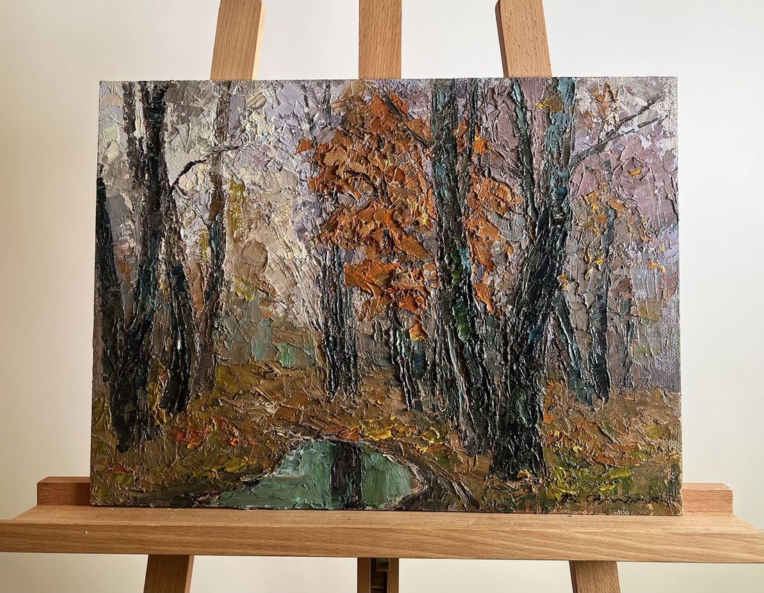 Oil painting Cloudy autumn day Boris Serdyuk: Title: Oil painting Cloudy autumn day Boris Serdyuk Description: No.AAA3753The oil painting on cardboard, titled "Cloudy Autumn Day", captures the melancholic beauty of an overcast fall afternoon deep