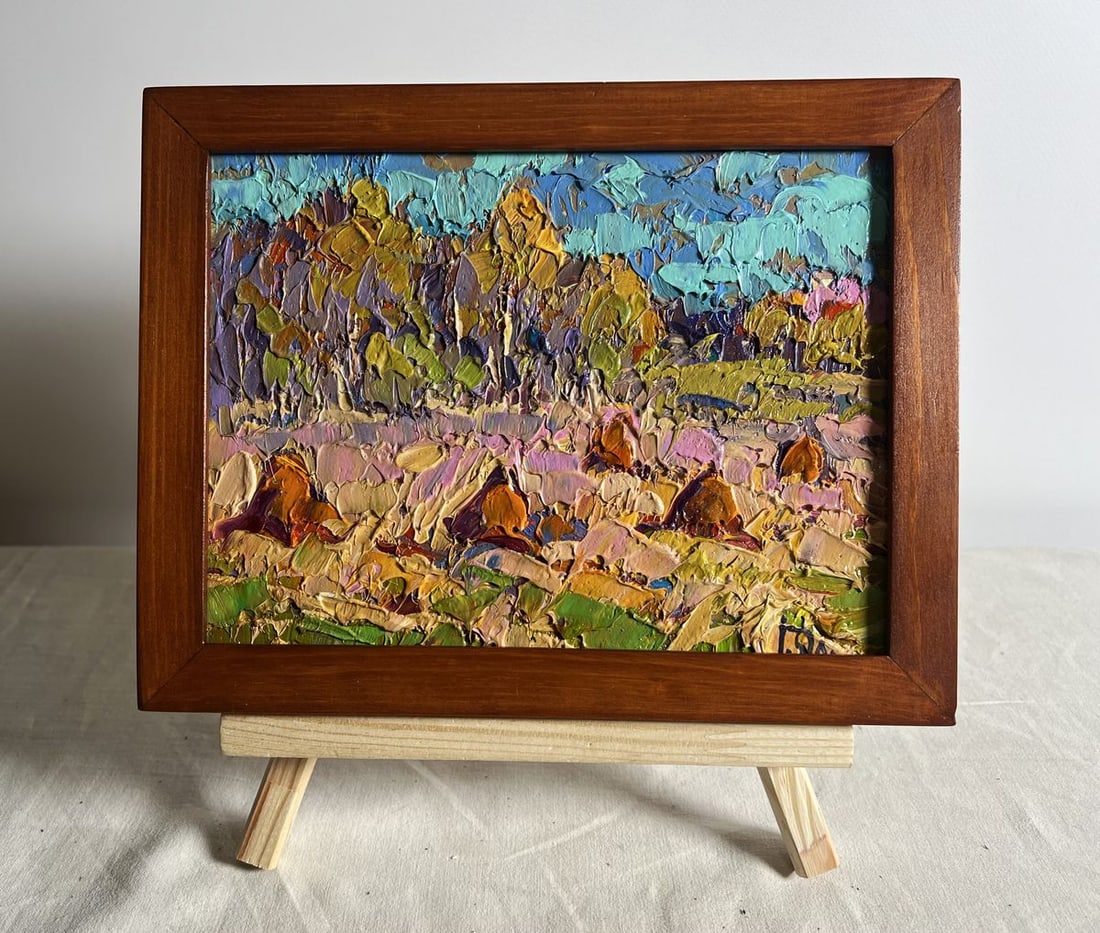 Oil painting Autumn haystacks Alex Kalenyuk: Title: Oil painting Autumn haystacks Alex Kalenyuk Description: No.AAA3811This oil painting cardboard, titled "Autumn haystacks", the composition is centered on a vast field dotted with traditional ha