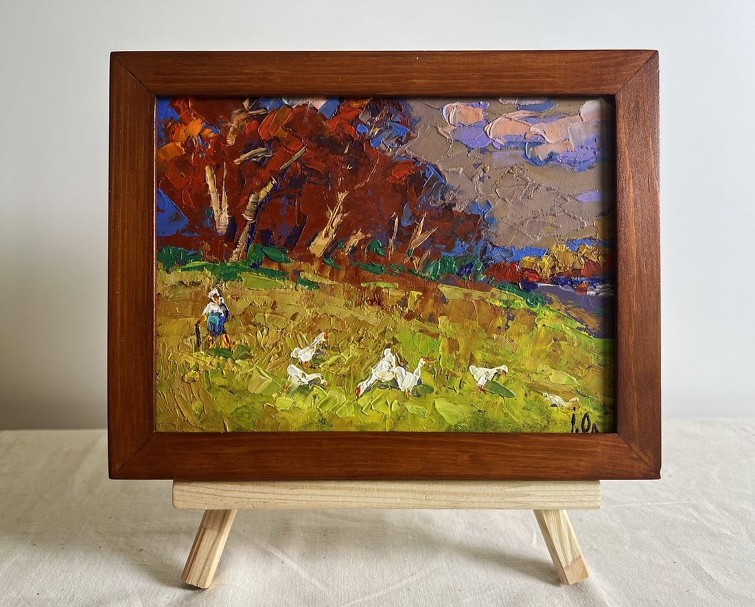 Oil painting Warm evening days Alex Kalenyuk: Title: Oil painting Warm evening days Alex Kalenyuk Description: No.AAA3837This oil painting cardboard, titled "Warm evening days", the composition is divided into three distinct sections: the expansi