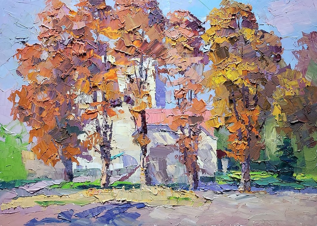 Oil painting Chestnuts Serdyuk Boris Petrovich: Title: Oil painting Chestnuts Serdyuk Boris Petrovich Description: No.SERB 994The oil painting "Chestnuts" is a vibrant, textural piece that encapsulates the essence of autumn through the depiction of