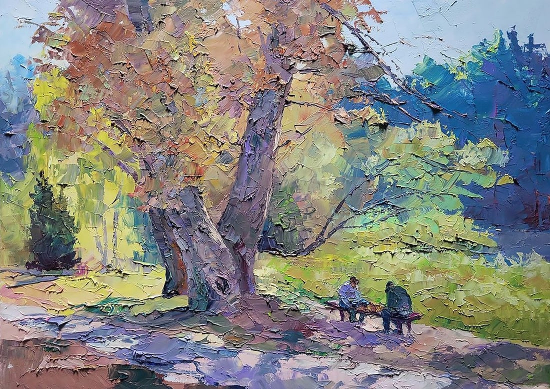 Oil painting In the autumn park Serdyuk Boris Petrovich: Title: Oil painting In the autumn park Serdyuk Boris Petrovich Description: No.SERB 995The oil painting titled "In the Autumn Park" is a vivid, impressionistic portrayal of a serene moment captured wi