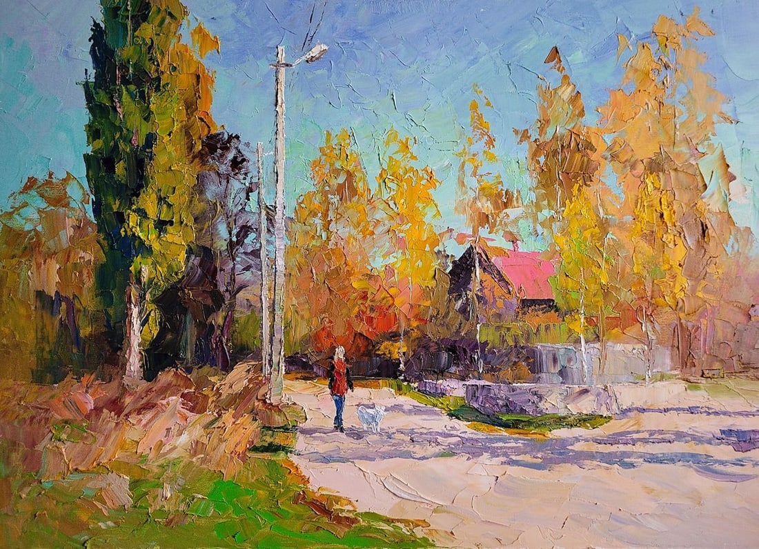 Oil painting Warm October Serdyuk Boris Petrovich: Title: Oil painting Warm October Serdyuk Boris Petrovich Description: No.SERB 1027The oil painting "Warm October" vividly captures the essence of an autumn day with a rich palette and a dynamic
