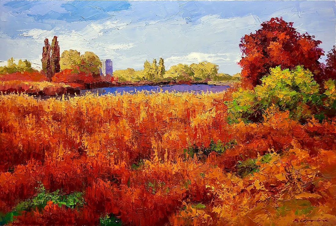 Oil painting Autumn is crimson Boris Serdyuk: Title: Oil painting Autumn is crimson Boris Serdyuk Description: No.SERB 1050The oil painting "Autumn is Crimson" is a vibrant representation of the autumn season in full swing. The canvas is alive