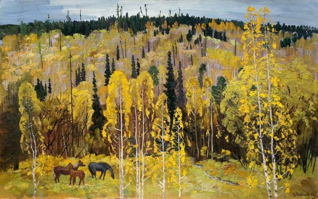 Oil painting Horses walk in the woods Vladimir Vladimirovich Nabokov: Title: Oil painting Horses walk in the woods Vladimir Vladimirovich Nabokov Description: No.Verns 227 *** ABOUT THIS PAINTING *** * TITLE: "Horses walk in the woods" * ARTISTS: Vladimir Vladimirovich
