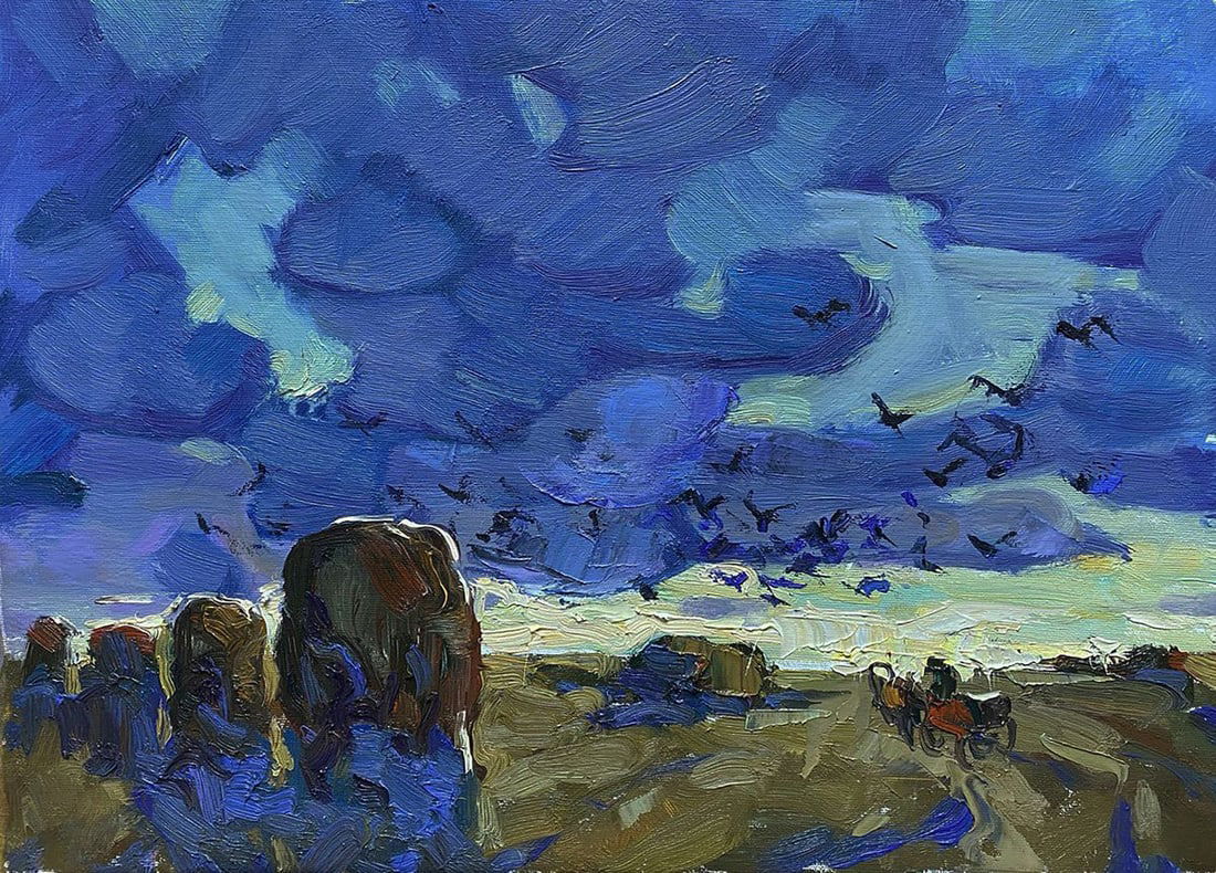 Oil painting The Long Road Home Oleksiy Ivanyuk: Title: Oil painting The Long Road Home Oleksiy Ivanyuk Description: No.Kalen 1565The oil painting on Canvas titled "The Long Road Home" captures a deeply evocative journey across a vast and desolate l